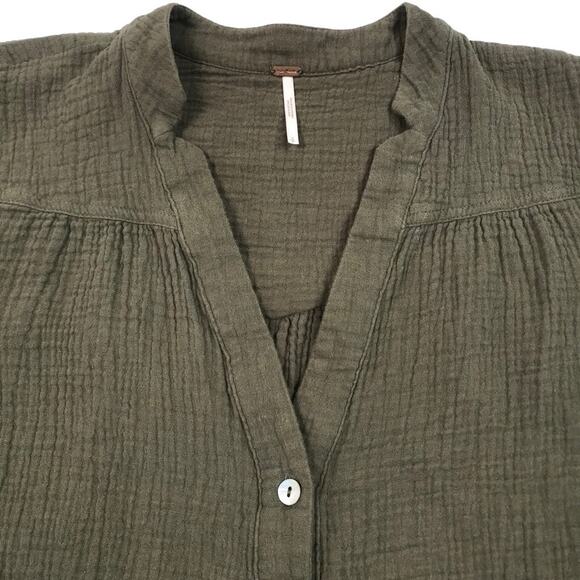 FREE PEOPLE Changing Horizons V Neck Top Sz S Olive Green Gauze Oversize Boho - Picture 5 of 11